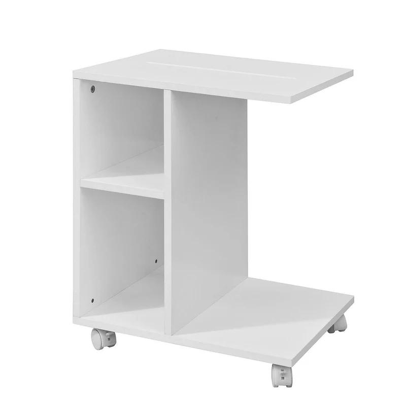 SoBuy FBT48-W C-format sidobord med 2 förvaringshyllor & surfplattestativ, modernt soffbord på hjul, vitt
