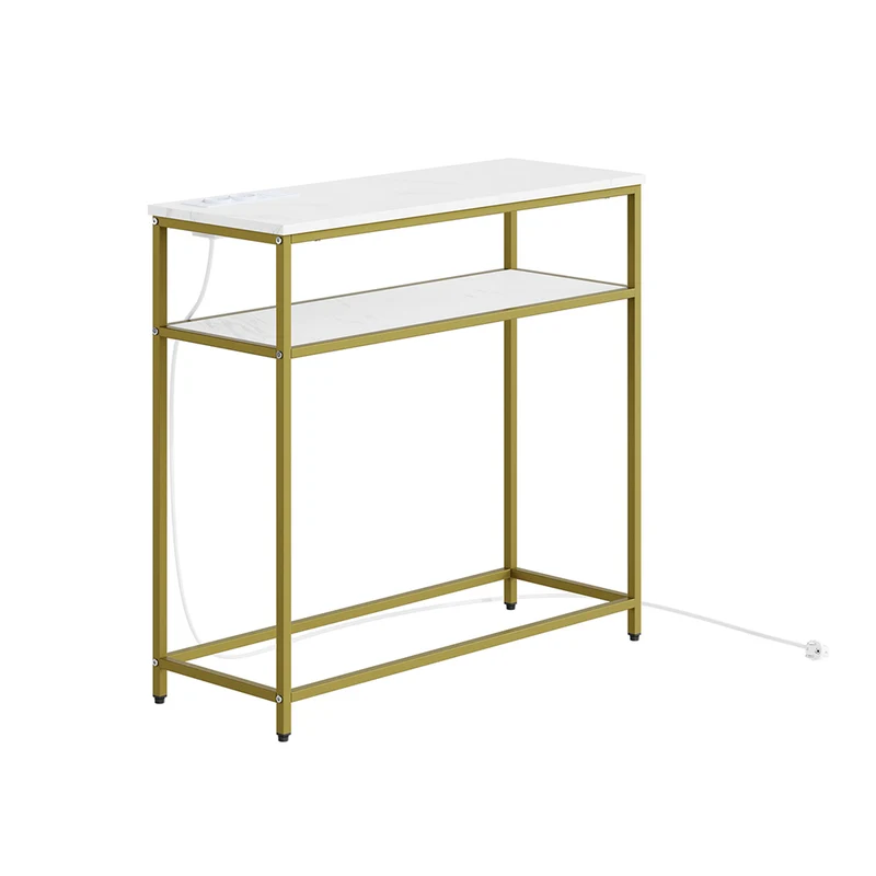 SoBuy FSB106-E-G Konsolbord smalt hallbord vardagsrumsbord med USB & typ C, 2 uttag, 1,8 m kabel, 2 hyllor, modern lyx för vardagsrum, hall och entré, vit marmor, 80 x 30 x 75 cm