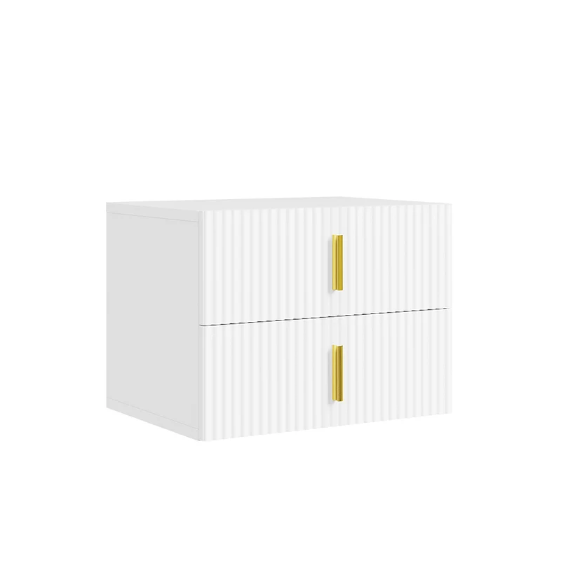 SoBuy FBT177-E-W Svävande Nattduksbord med LED-sensorlampa, 2 Lådor 40x30x30cm | Vägghylla med vågig lådfront och guldhandtag, PB+MDF, upp till 18 kg, för sovrum vardagsrum hall