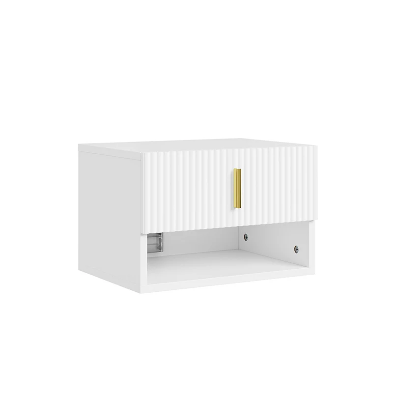 SoBuy FBT176-E-W Svävande nattduksbord med LED-sensorlampa, 40 x 30 x 26 cm | Förvaringsbox kan monteras upp/nedåt, vägghylla med vågformad lådfront och guldhandtag, PB+MDF, upp till 20 kg